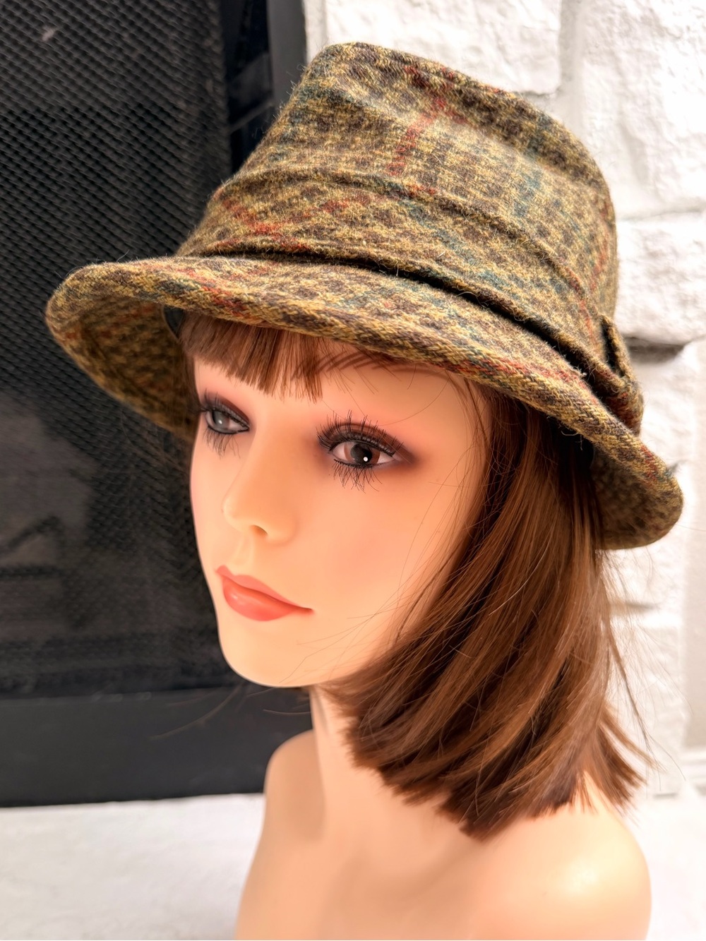 Vintage 100% Wool Tweed Fedora Hat 7 1/8 22” Plaid Union Made USA